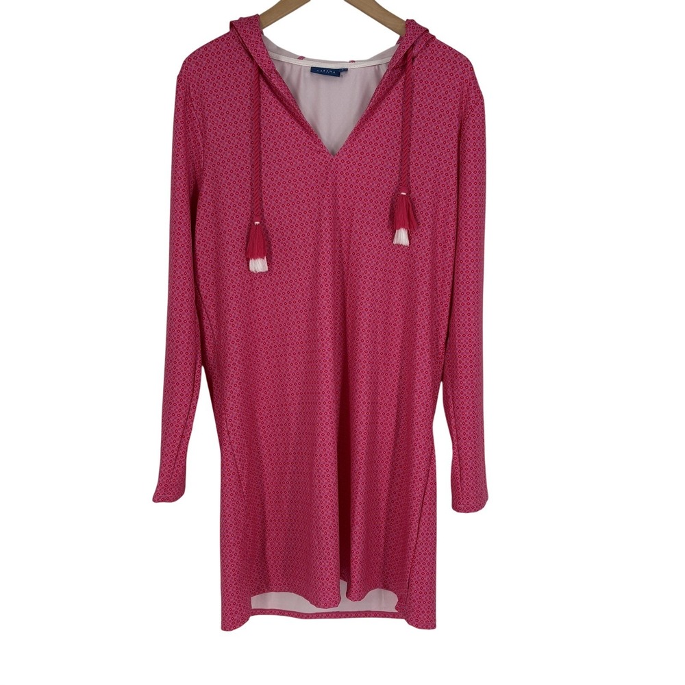 Cabana Life Cover Up Womens Large Pink Geometric Hooded Tassel Drawstring Swim